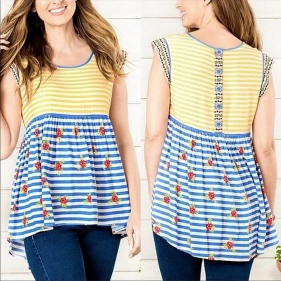 Matilda Jane M Yellow Blue Stripe Floral Top ON MY MIND Hi Low - Picture 1 of 6